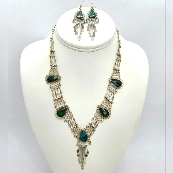 Vintage Silver-tone Natural green Gemstone Chrysocolla Necklace and Earrings SET - Picture 1 of 10